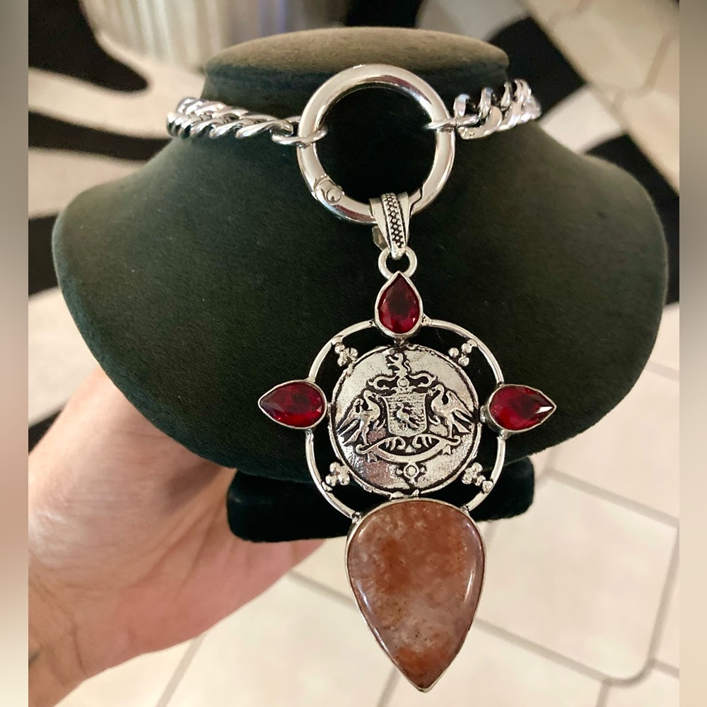 925 Sterling silver overlay orange brown agate & red garnet stones boho necklace - Picture 11 of 15